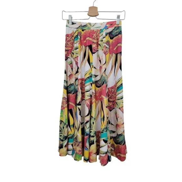 Vintage Saint Germain Paris Tropical Floral Midi Skirt Elastic Waist Womens Sz S - Picture 1 of 5